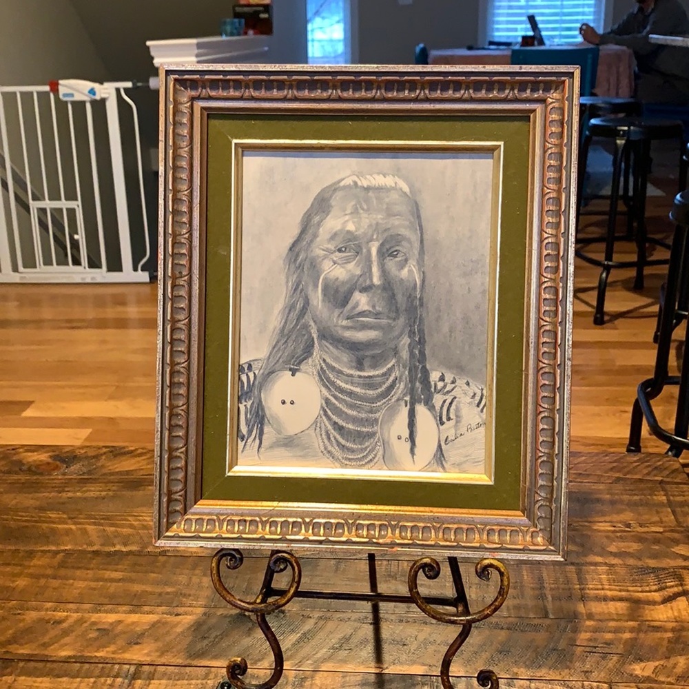 Native American Pencil Drawing “Red Wing” frame 12 x 14 by Cecilia Preston